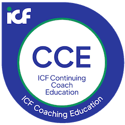 Blue and green circular badge with "CCE ICF Continuing Coach Education" in white text. Displays "ICF" logo, symbolizing accredited coaching education.