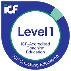 ICF badge displaying "Level 1 ICF-Accredited Coaching Education" in white and blue text on a circular purple-blue background.