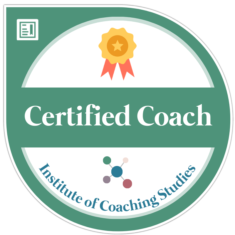 A circular green badge features a ribbon with a gold star, the text Certified Coach in large letters, and Institute of Coaching Studies with a molecule-like logo at the bottom.