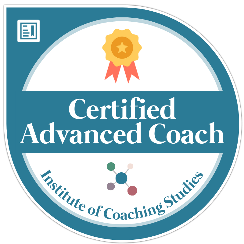 A circular badge with a ribbon and star icon at the top, text reads Certified Advanced Coach and Institute of Coaching Studies with a molecule-like graphic at the bottom.
