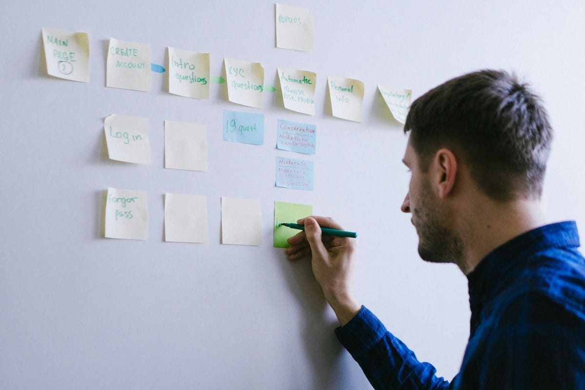 A man writing on a white board with sticky notes.
