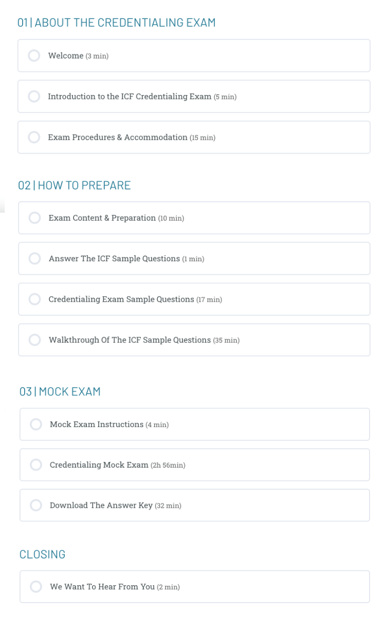 A list of sections and topics for a credentialling exam, including exam details, preparation steps, sample questions, mock exam instructions, and a closing feedback request, each with estimated completion times.