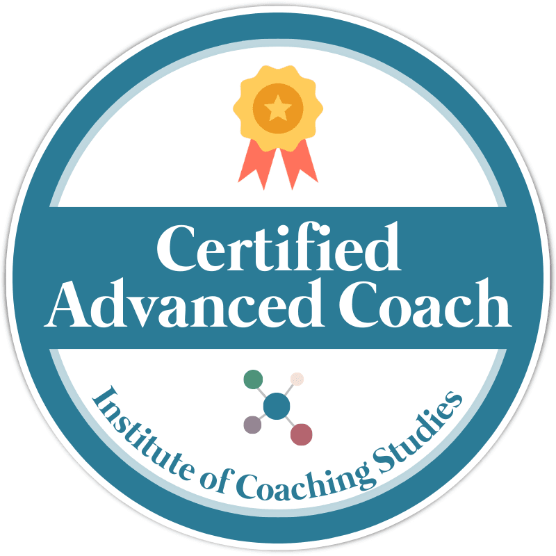 A circular badge with a ribbon and star icon at the top, text reads Certified Advanced Coach and Institute of Coaching Studies with a molecule-like graphic at the bottom.