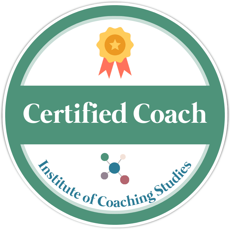 A circular green badge features a ribbon with a gold star, the text Certified Coach in large letters, and Institute of Coaching Studies with a molecule-like logo at the bottom.