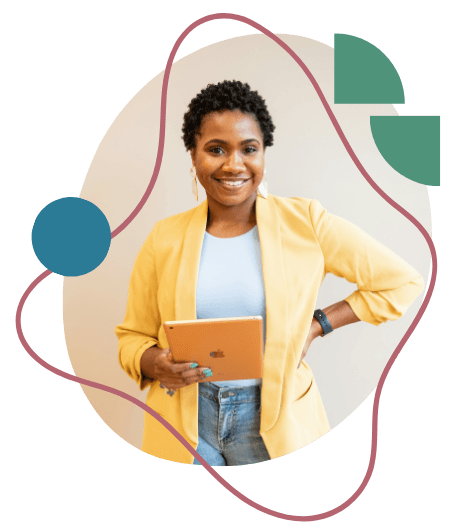 Smiling person with short curly hair holds a tablet, wearing a yellow blazer and jeans. Abstract shapes surround them, conveying a professional yet creative vibe.