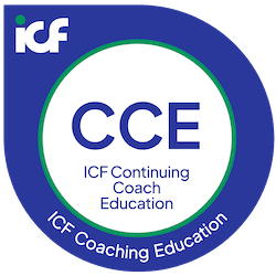 Blue and green circular badge with "CCE ICF Continuing Coach Education" in white text. Displays "ICF" logo, symbolizing accredited coaching education.