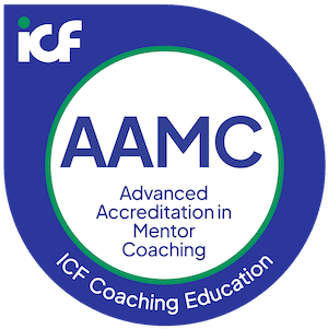 ICF Coaching Education badge for AAMC, Advanced Accreditation in Mentor Coaching, shown in a blue-and-green circular design with a clear, formal tone.