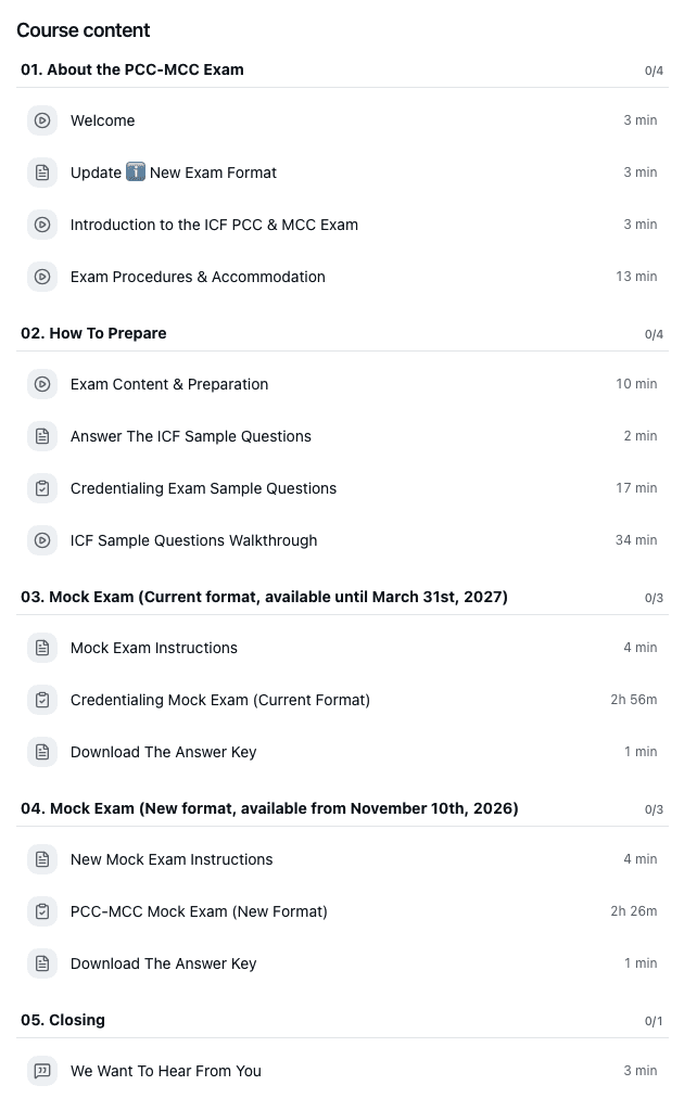 A list of sections and topics for a credentialling exam, including exam details, preparation steps, sample questions, mock exam instructions, and a closing feedback request, each with estimated completion times.