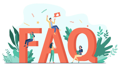 Illustration of four people interacting with large orange letters spelling FAQ, surrounded by plants and colourful confetti shapes. One person holds a thumbs-up sign, whilst others sit or stand on the letters.