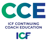 Large gradient letters “CCE” above the text “ICF Continuing Coach Education”, with the ICF logo featuring blue and green letters and a stylised swoosh underneath.