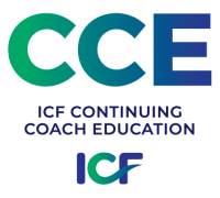 Large gradient letters “CCE” are at the top. Below, it says “ICF Continuing Coach Education.” At the bottom is the ICF logo with a green and blue swoosh forming part of the letter C.