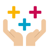 Two open hands facing upwards with yellow, red, and blue plus signs floating above them, symbolising positivity, support, or adding value.