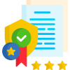 A document icon with a shield featuring a tick, a blue badge with a star, a red rosette, and three gold stars below, representing certification, approval, or high quality.