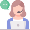 Illustration of a customer service adviser with brown hair wearing a headset, sitting in front of a laptop, with a green chat bubble beside them.