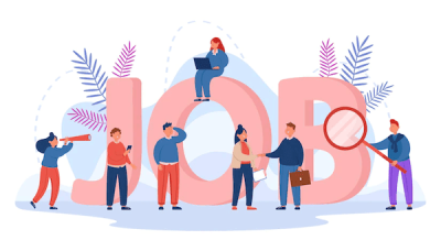 Illustration of six people interacting around large letters spelling JOB. Some are looking through a magnifying glass, using a telescope, shaking hands, using mobiles, and working on a laptop. Leaves decorate the background.