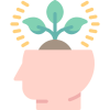 A stylised illustration of a human head in profile with the top open, showing a green plant sprouting from inside. Yellow lines around the plant suggest growth, creativity, or new ideas.