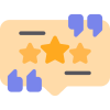 A speech bubble with three yellow stars in the centre, surrounded by blue quotation marks and short horizontal lines, representing a review or customer feedback.